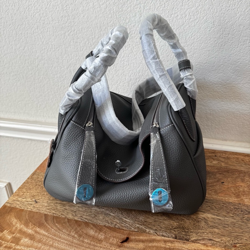 Dark Gray Boxy 30 LD Pebble Leather Dual Zip Slouchy Structured Shoulder Bag B2
